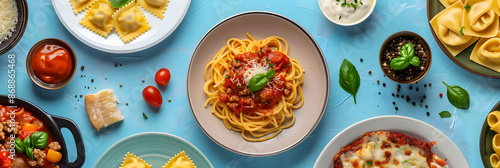 Assorted Italian cuisine featuring pasta, ravioli, and lasagna dishes on a blue background, garnished with fresh ingredients.