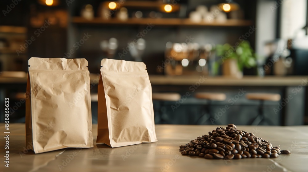 Paper coffee bags with coffee beans with blurry kitchen background Paper coffee bags with coffee beans with blurry kitchen background