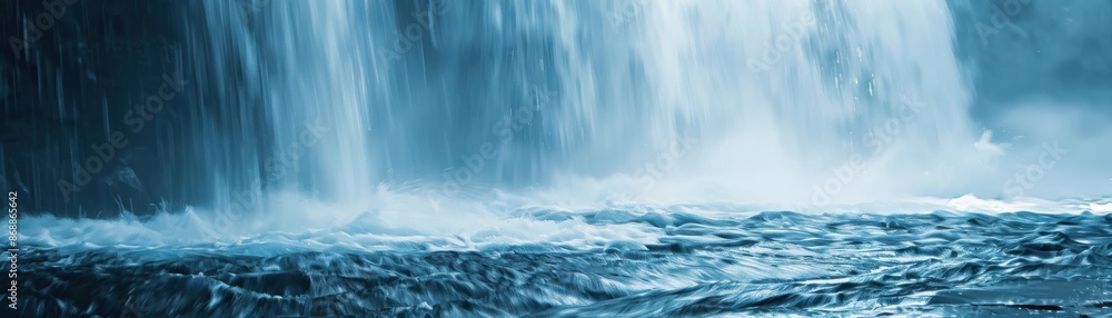 Fototapeta premium Waterfall close up, focus on, copy space, cascading flow, double exposure silhouette with ocean backdrop