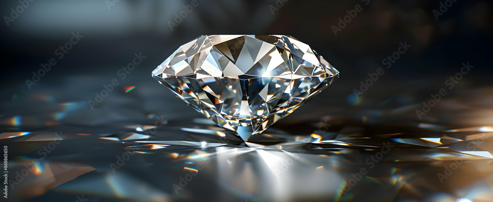 Close-up image of an exquisite diamond on a reflective surface, showcasing its brilliance and clarity with dark background. Close-up image of an exquisite diamond on a reflective surface, showcasing its brilliance and clarity with dark background.