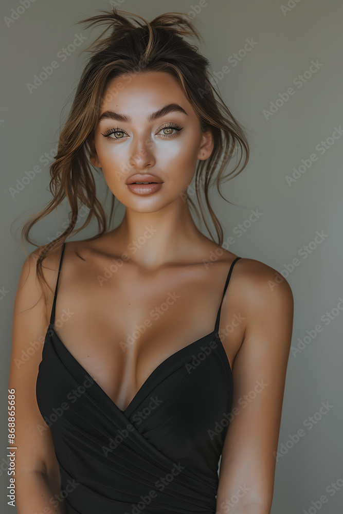 Graceful Woman in Black Dress with Intense Gaze Graceful Woman in Black Dress with Intense Gaze