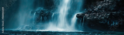 Waterfall close up, focus on, copy space, cascading flow, double exposure silhouette with ocean backdrop