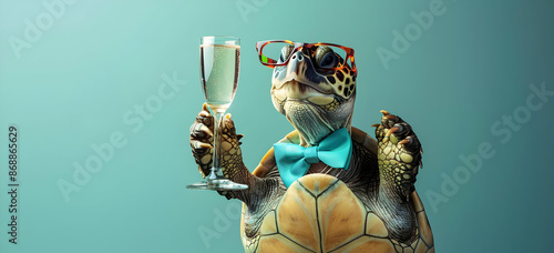 Cheerful turtle wearing glasses and bow tie holding a champagne glass, celebrating and dressed up on a teal background. photo