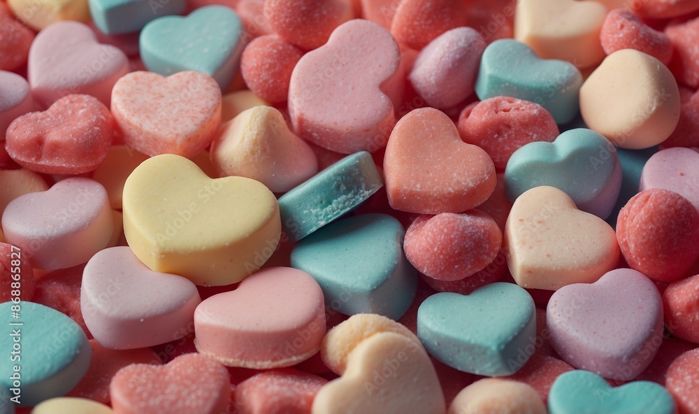 Colorful heart-shaped candies scattered closely together Colorful heart-shaped candies scattered closely together