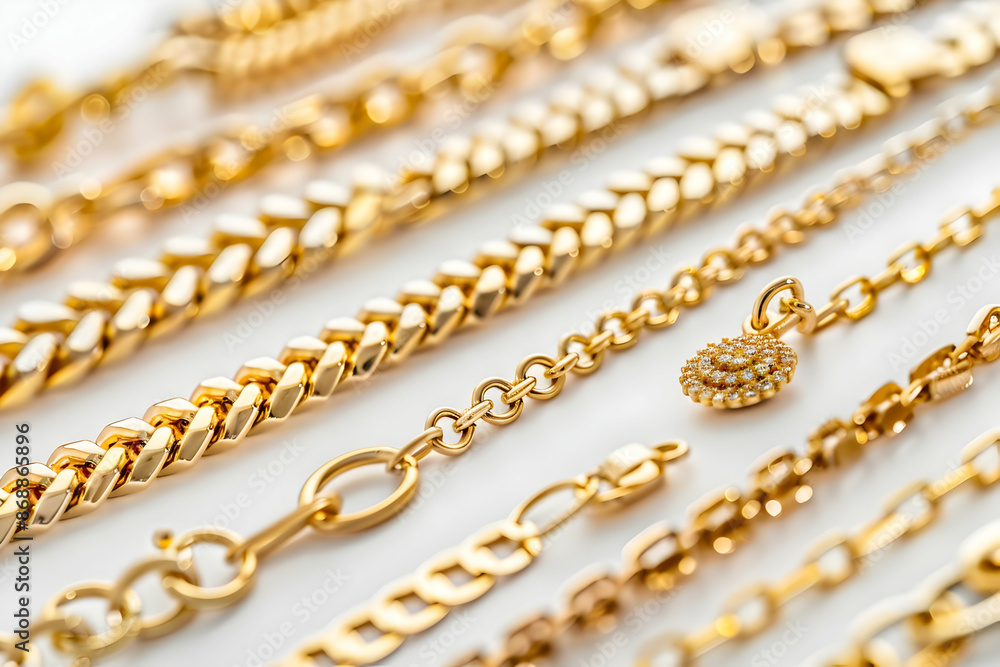 Close-up of elegant gold necklaces displayed on a white background, showcasing intricate designs and craftsmanship perfect for jewelry enthusiasts. Close-up of elegant gold necklaces displayed on a white background, showcasing intricate designs and craftsmanship perfect for jewelry enthusiasts.