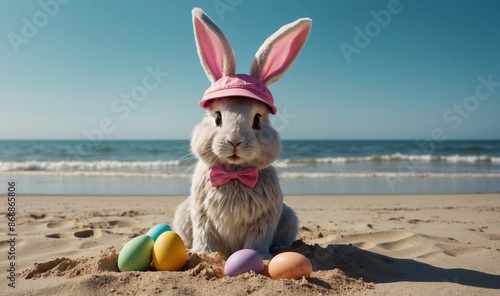 Easter bunny with colorful eggs wearing pink hat on beach photo