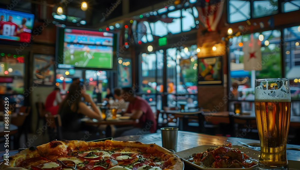 Cozy sports bar with pizza and beer, large TV screen showing a live sports game. People enjoying food and drinks in a lively atmosphere. Cozy sports bar with pizza and beer, large TV screen showing a live sports game. People enjoying food and drinks in a lively atmosphere.