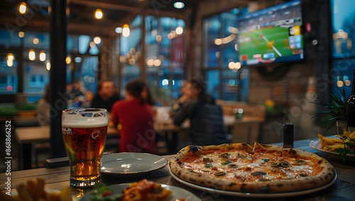 Cozy restaurant with pizza and beer, patrons enjoying a sporting event on TV in the evening ambiance.