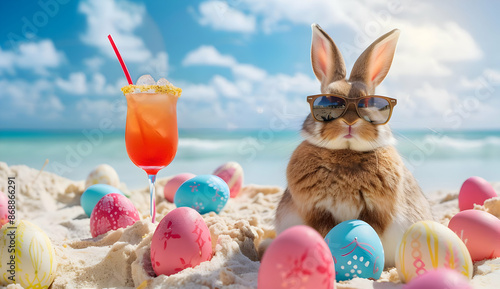 Cute bunny with sunglasses next to a cocktail and colorful Easter eggs on a sunny beach, embodying the Easter holiday spirit and summer vibes.