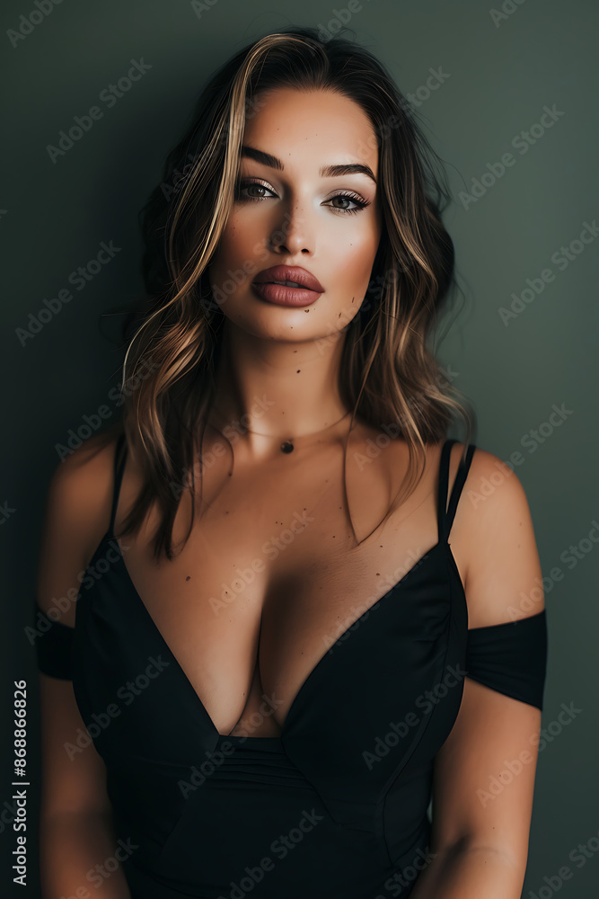 Graceful Woman in Black Dress with Intense Gaze Graceful Woman in Black Dress with Intense Gaze