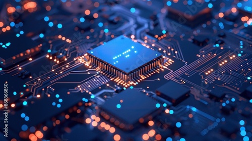 Close-up of a microchip on a motherboard with glowing circuits, representing advanced technology and modern electronics.