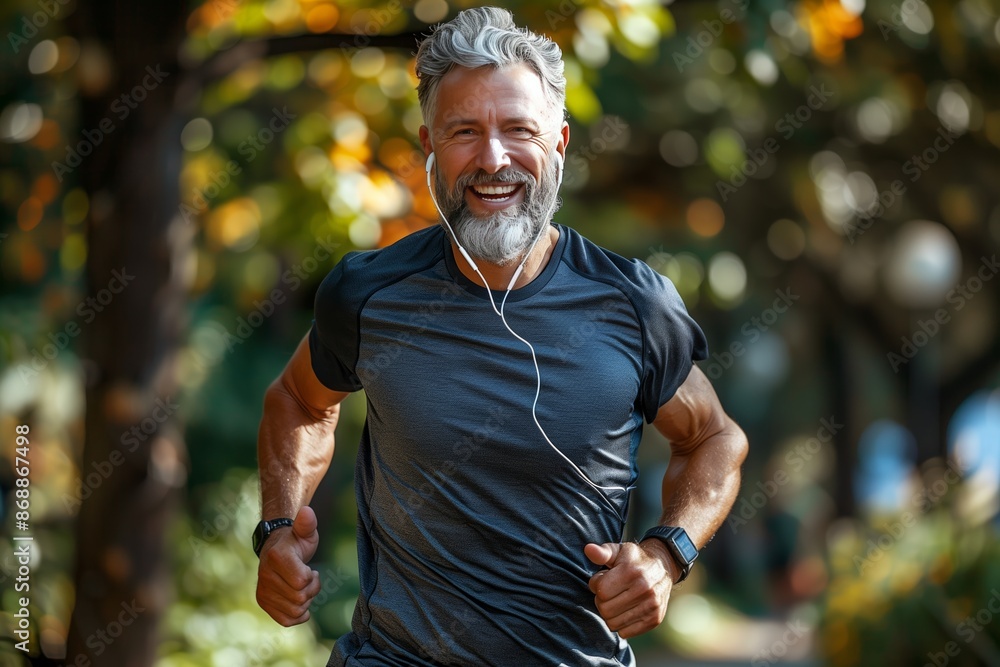 Active Senior Man Running in Park with Earphones Active Senior Man Running in Park with Earphones