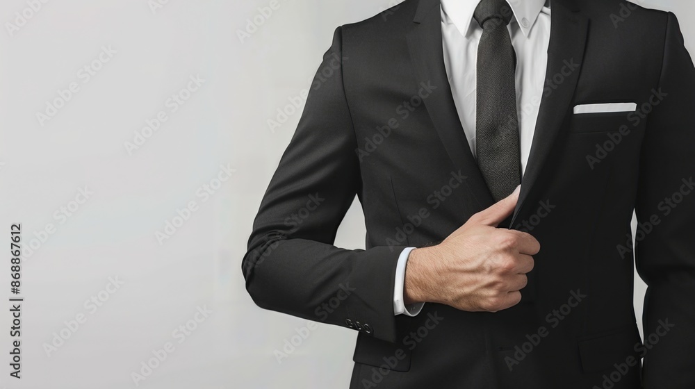 Businessman adjusting his black suit and tie against a plain background, exuding confidence and professionalism in formal attire. Businessman adjusting his black suit and tie against a plain background, exuding confidence and professionalism in formal attire.