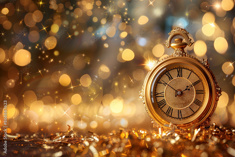 Antique gold clock with sparkling gold confetti Antique gold clock with sparkling gold confetti