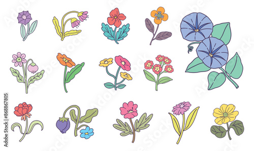Colorful Flowers outline cartoon drawing. Decorative flowers flat line color isolated vector object. Cute various types of flowers. Simple outline cartoon spot illustration for web design.