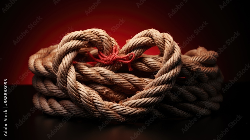 a stack of yarn with red ribbon on the top. a stack of yarn with red ribbon on the top.