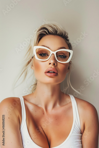 Chic Beautiful Woman in White Sunglasses and Top Against Neutral Background