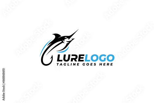 Bait Lure Fish Hook Jig for Fish Angler Sport Fishing logo design, Blue Marlin Fish Logo Vector Template
