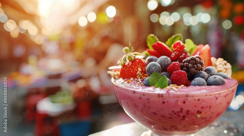 Smoothie bowl close up, focus on, copy space, fresh toppings, double exposure silhouette with beach scenery Smoothie bowl close up, focus on, copy space, fresh toppings, double exposure silhouette with beach scenery