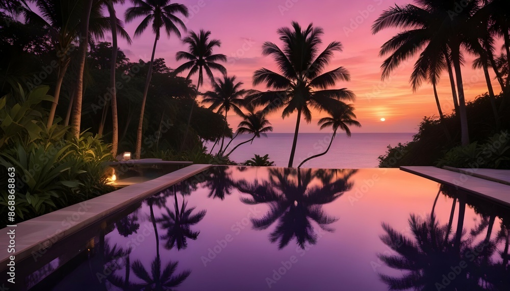 Fototapeta premium Radiant dusk: A tranquil infinity pool reflecting the brilliant oranges and purples of a tropical sunset, with lush tropical foliage creating a serene atmosphere.