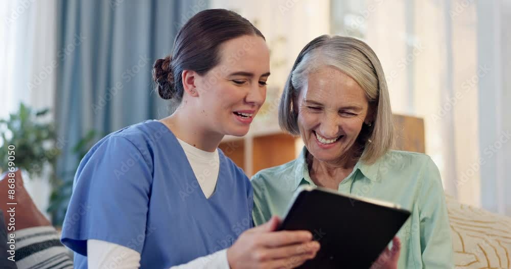 Happy, nurse and tablet with senior woman in retirement home for browsing, online bingo game and funny videos. Female caregiver, elderly person and technology for social media, news updates and apps. Happy, nurse and tablet with senior woman in retirement home for browsing, online bingo game and funny videos. Female caregiver, elderly person and technology for social media, news updates and apps.