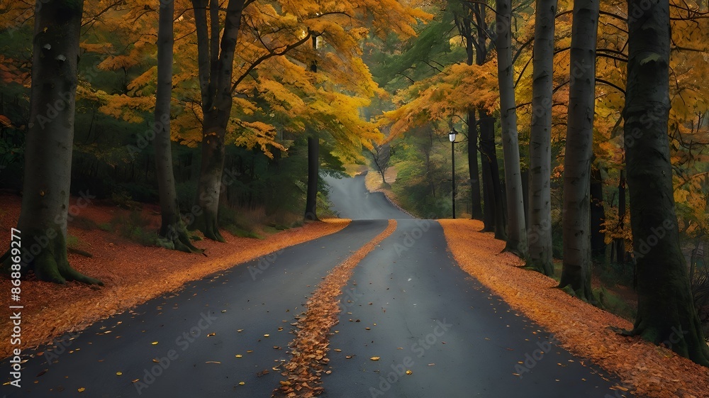 Obraz premium Road in autumn. Autumn Landscapes and Foliage. Vibrant fall leaves, scenic drives, parks, nature reserves, harvest scenery.