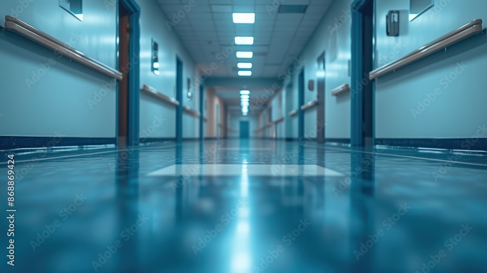 Hospital Hallway with Blue Tiled Floor and a Row of Doors Hospital Hallway with Blue Tiled Floor and a Row of Doors