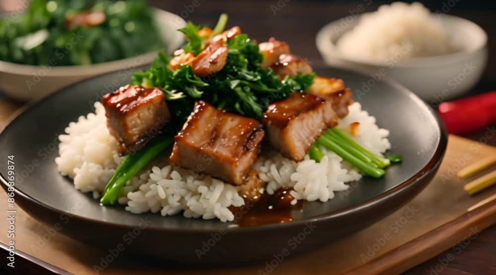 A plate of meat and rice with a sauce on top A plate of meat and rice with a sauce on top