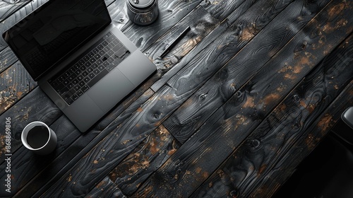 A black wooden desk with an open MacBook Pro, a glass of water and a pen on it