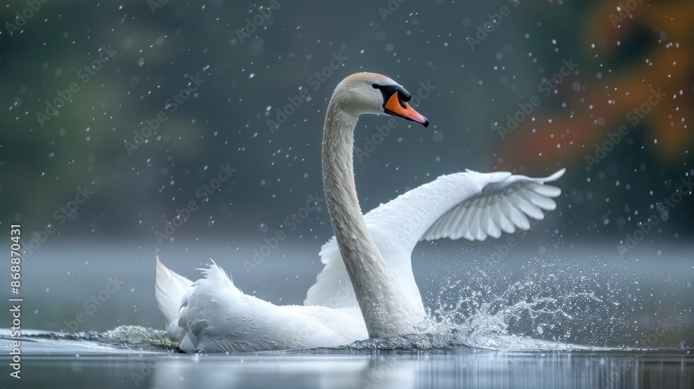 Fototapeta premium Elegant Swan Taking Flight in Rain