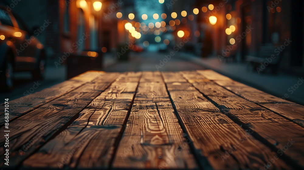 Empty wooden table with city lights in the background at night Empty wooden table with city lights in the background at night