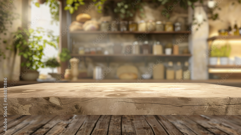 Empty table with blurred kitchen cupboard interior background Empty table with blurred kitchen cupboard interior background