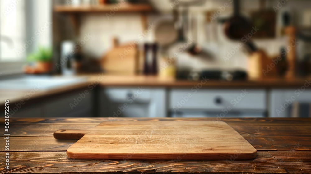 Cutting board on wooden table with blurry kitchen background Cutting board on wooden table with blurry kitchen background