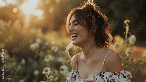 Side view of young woman in floral dress laughing.