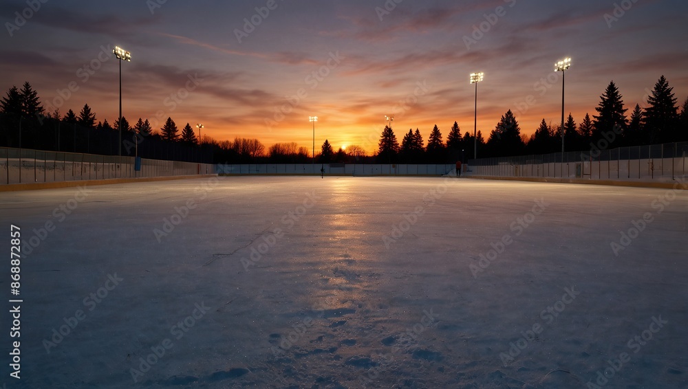 Obraz premium The image is of an ice skating rink at sunset.