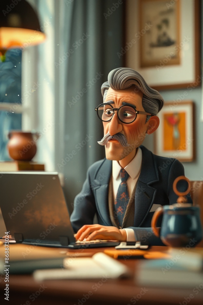 Productive Claymation Businessman Working on Laptop in Office Setting Productive Claymation Businessman Working on Laptop in Office Setting