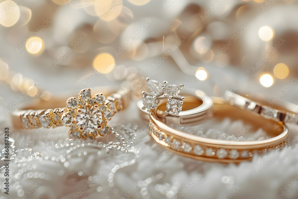 Elegant close-up of sparkling diamond rings on a lace background, bathed in soft, warm light creating a luxurious and romantic ambiance. Elegant close-up of sparkling diamond rings on a lace background, bathed in soft, warm light creating a luxurious and romantic ambiance.
