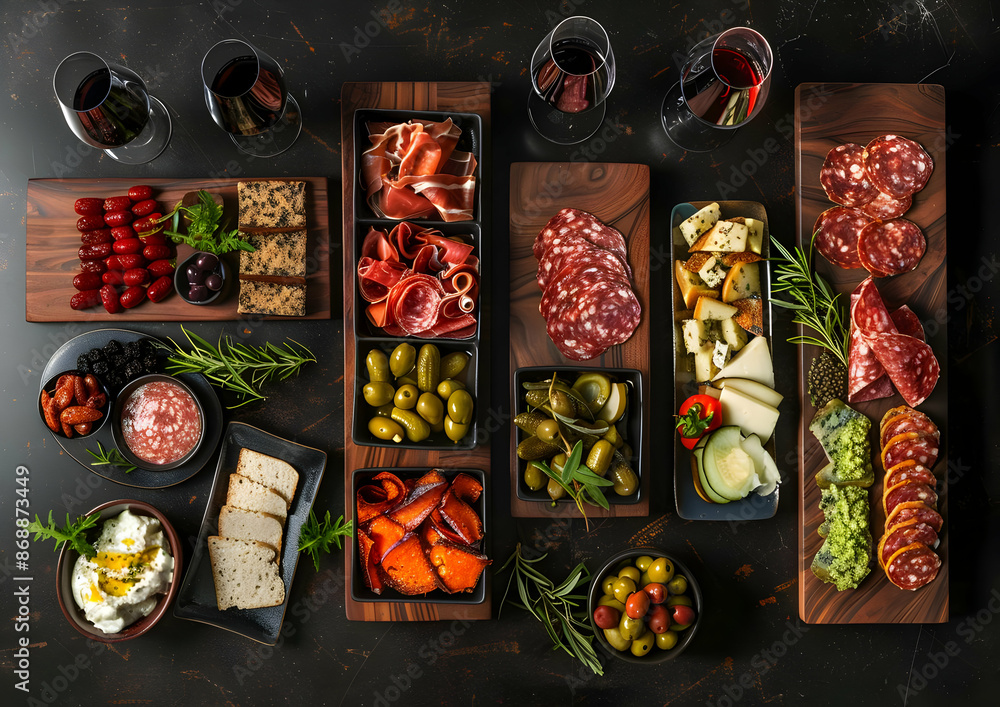 Flat lay of a charcuterie board with assorted meats, cheeses, fruits, and wine, perfect for a stylish gathering or festive celebration. Flat lay of a charcuterie board with assorted meats, cheeses, fruits, and wine, perfect for a stylish gathering or festive celebration.