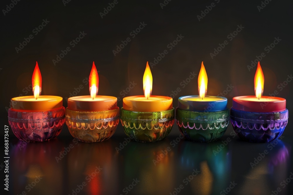 Five Burning Candles in Colorful Glass Holders Five Burning Candles in Colorful Glass Holders