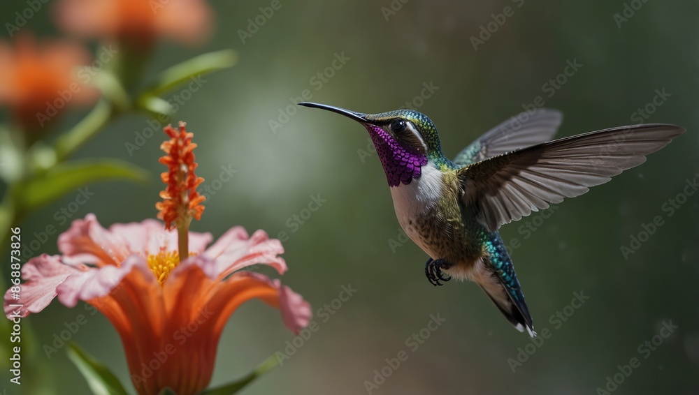 Fototapeta premium A hummingbird is flying towards a red flower