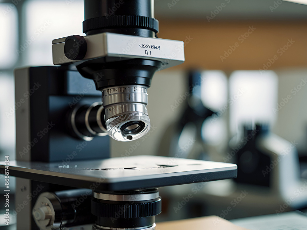 Close up of glass lens microscope on laboratory desk and other equipment. Ai generative Close up of glass lens microscope on laboratory desk and other equipment. Ai generative
