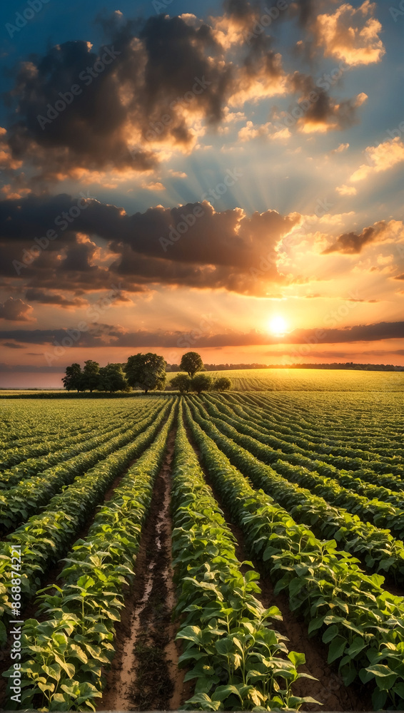 Paisagem cativante de uma plantação de soja ao entardecer, sob um céu com nuvens intensas. Imagem na vertical Paisagem cativante de uma plantação de soja ao entardecer, sob um céu com nuvens intensas. Imagem na vertical
