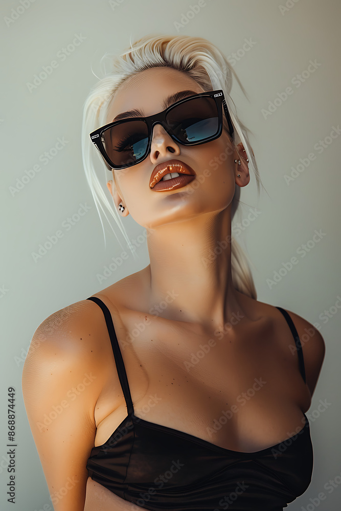 Fototapeta premium Chic Woman in Black Sunglasses and Bikini Against Soft Background