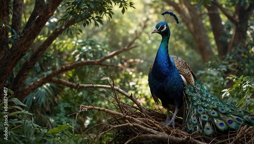 Wallpaper Mural A brightly colored peacock with a long tail stands on a branch in a forest.

 Torontodigital.ca