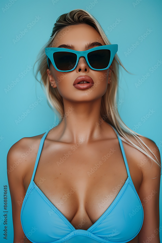 Stylish Woman in Blue Sunglasses and Bikini Against Blue Background Stylish Woman in Blue Sunglasses and Bikini Against Blue Background