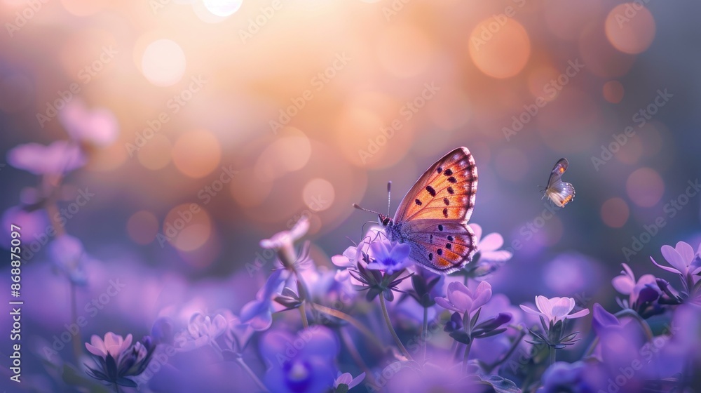 A beautiful scene featuring soft purple flowers with a large butterfly and small butterflies flying in the background, bathed in a dreamy, bokeh-filled light. A beautiful scene featuring soft purple flowers with a large butterfly and small butterflies flying in the background, bathed in a dreamy, bokeh-filled light.