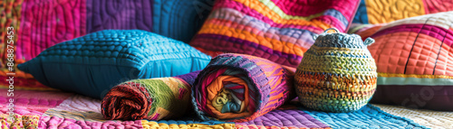 Quilting materials on a colorful quilt, vibrant, high detail, cozy atmosphere, macro shot photo