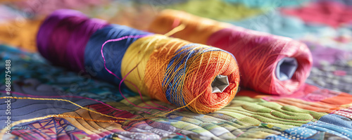 Quilting threads on a patchwork quilt, vibrant colors, detailed, macro, cozy craft scene photo