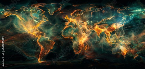 Digital World Map With Glowing Continents and Interconnected Lines