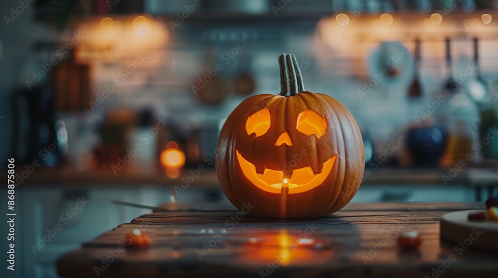Halloween pumpkin on wooden table with blurry kitchen background Halloween pumpkin on wooden table with blurry kitchen background